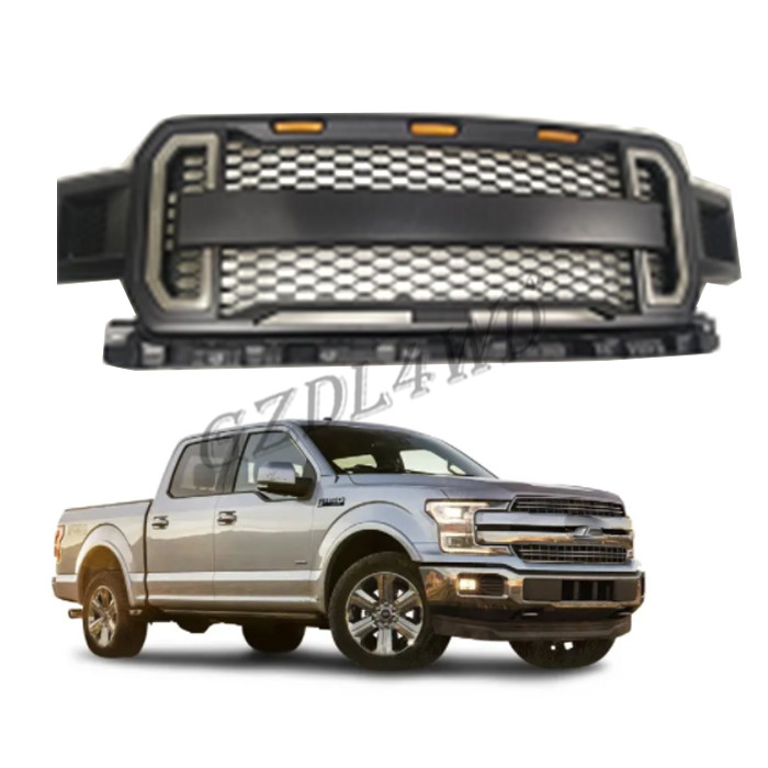 Front Grill Mesh Grille Raptor Style Replacement For Ford F150 2018 2019 2020 With Drl & Turn Signal Lights And 3 Amber